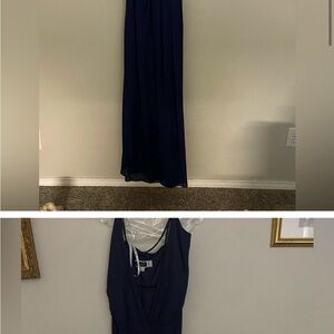 Wraparound marine/navy blue bridesmaid dress